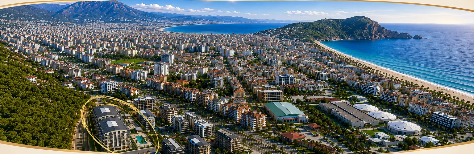 Alanya city center, coast and Cleopatra Beach panorama