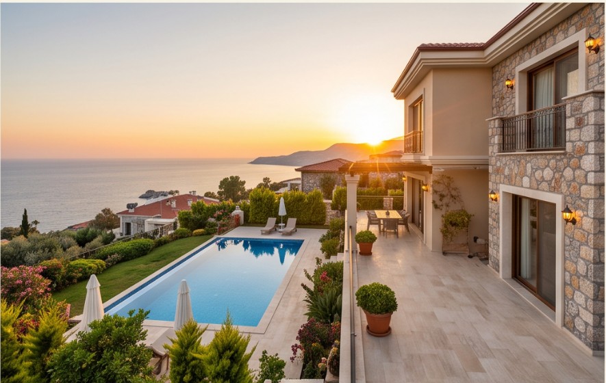 Deniz manzaralı villa ve havuz